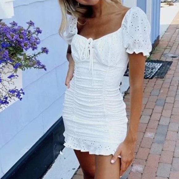 Boho White Eyelet Floral Fitted Ruffle Mini Dress - Picture 2 of 8